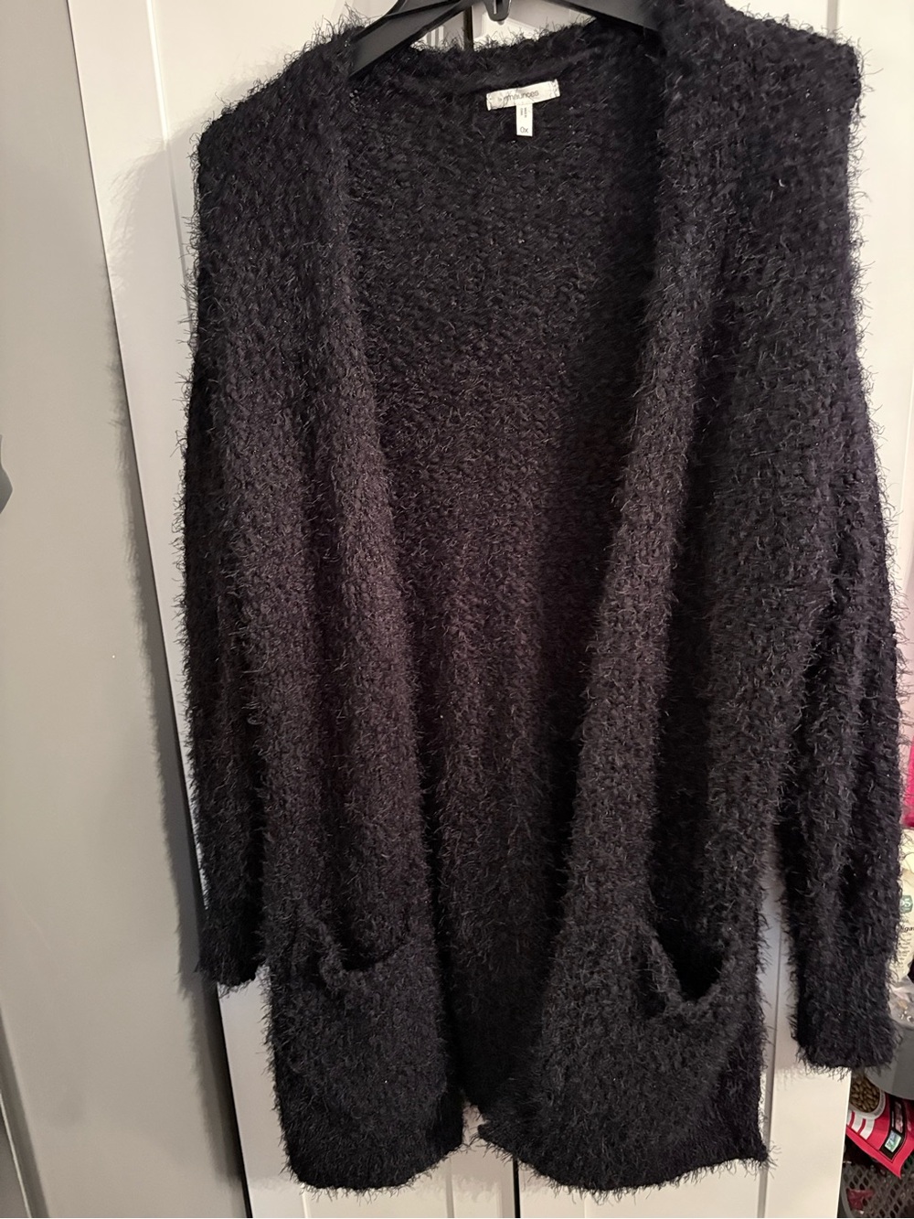 Maurices Black Fuzzy Open-Front Pocket Cardigan